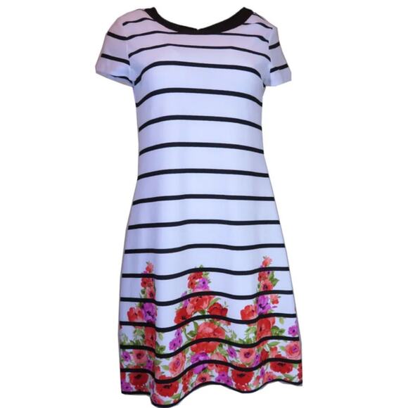 Jessica Simpson White Black Stripes Pink Floral Short Sleeve Shift Dress Plus 14 - Picture 2 of 14